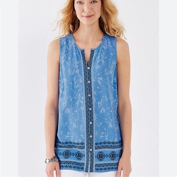 J. Jill Tunic Sleeveless Tank Button Front Loose Flowy Blue Print - Picture 1 of 10